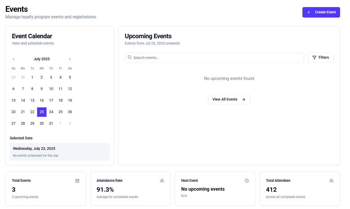 Events calendar and upcoming events view